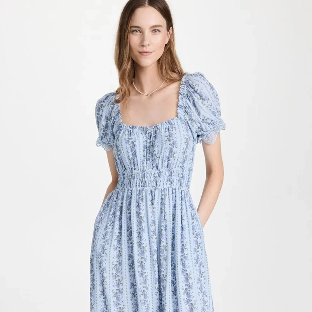 Smocked Square Neck Puff Sleeve Maxi Dress - Light Blue - Picture 1 of 5